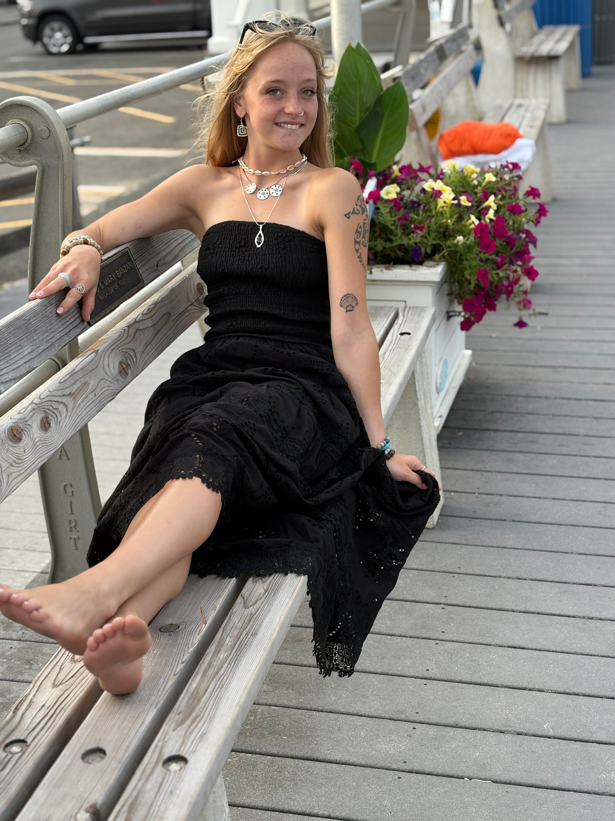 Aimée Strapless eyelet midi dress